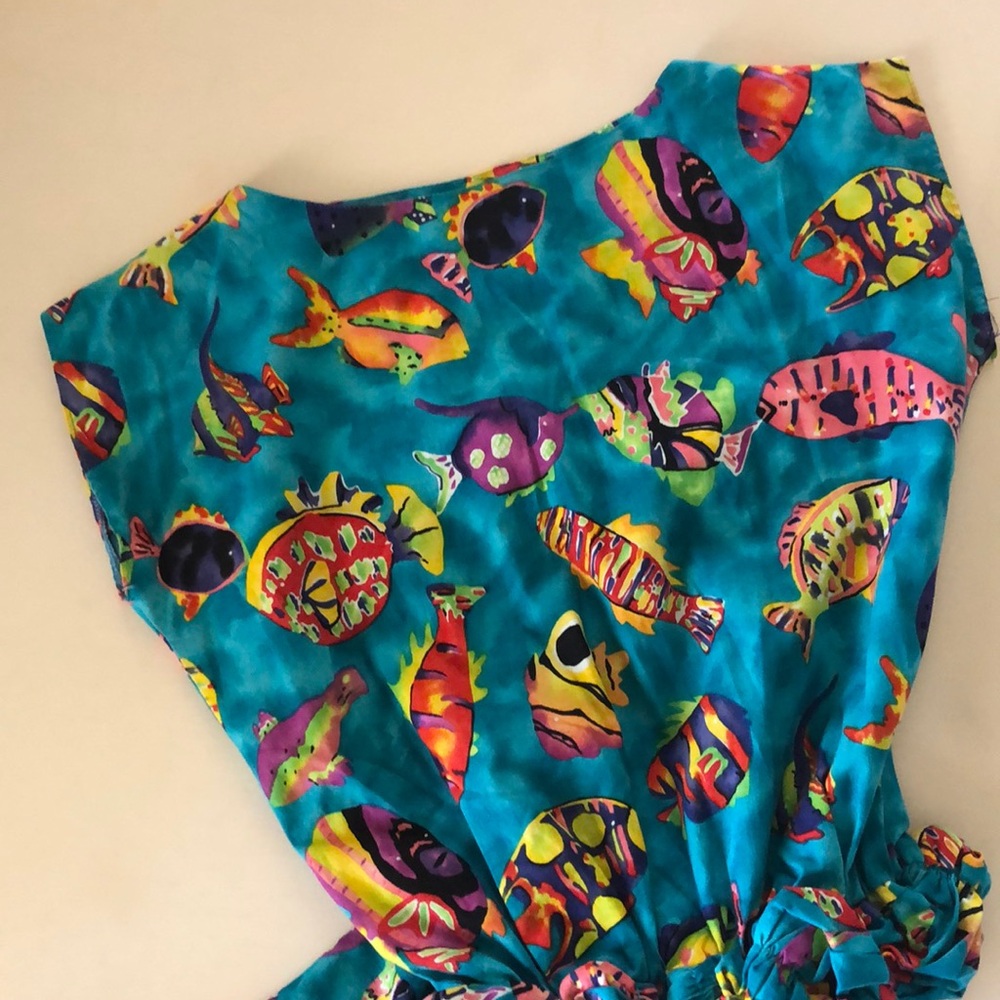 Vintage Blue Dyed Fish Print Cotton Dress